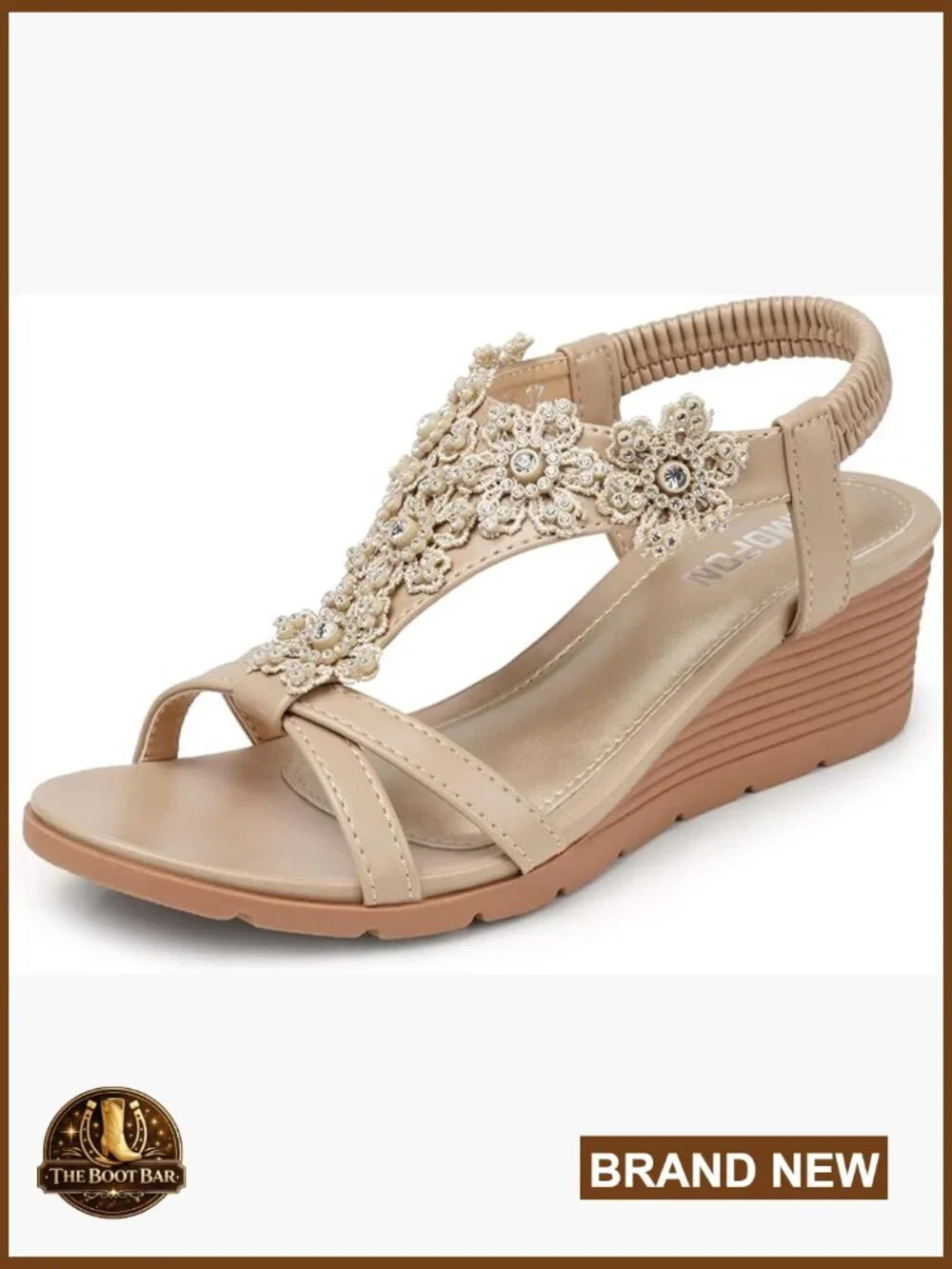 Low Wedge Platform Sandals with Elastic Ankle Strap and Floral Design